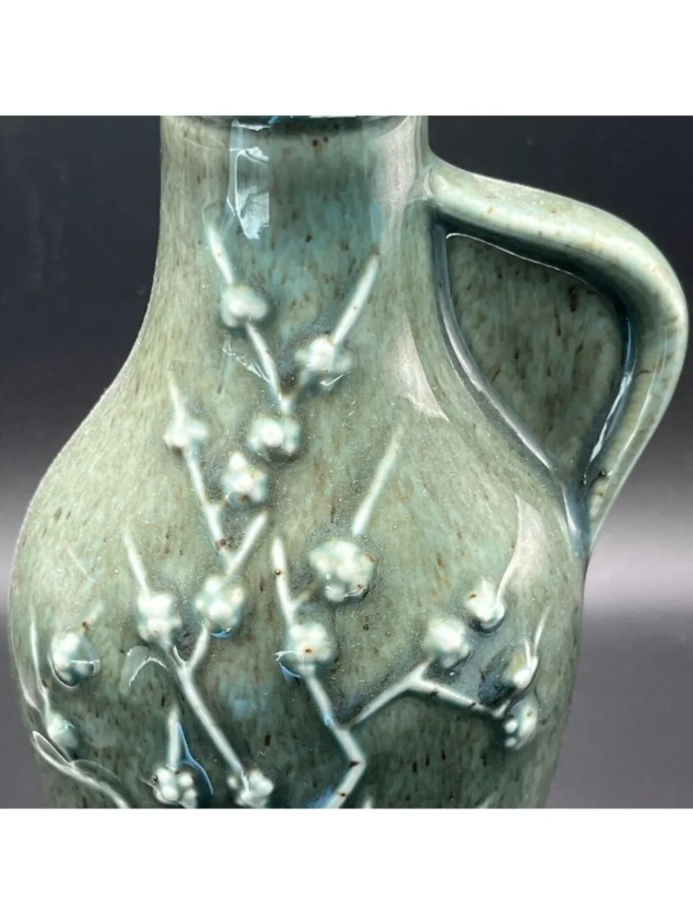 Vintage Jim Beam Green Ceramic Decanter // Asian Floral Design // Cork Stopper